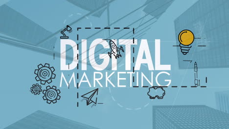 animation von digitalen marketingtexten mit ikonen über dem stadtbild