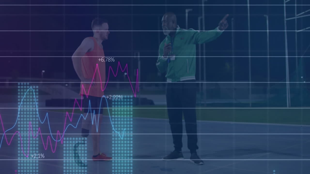 Male runner catching breath in floodlights while coach guiding with animated performance analytics