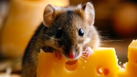 a mouse sitting on top of a piece of cheese