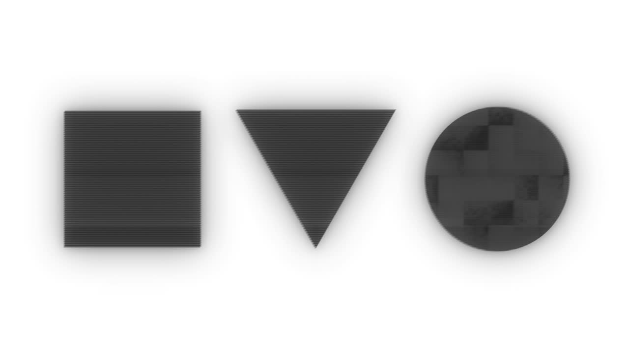 Circle, triangle and square in distorted glitch style.