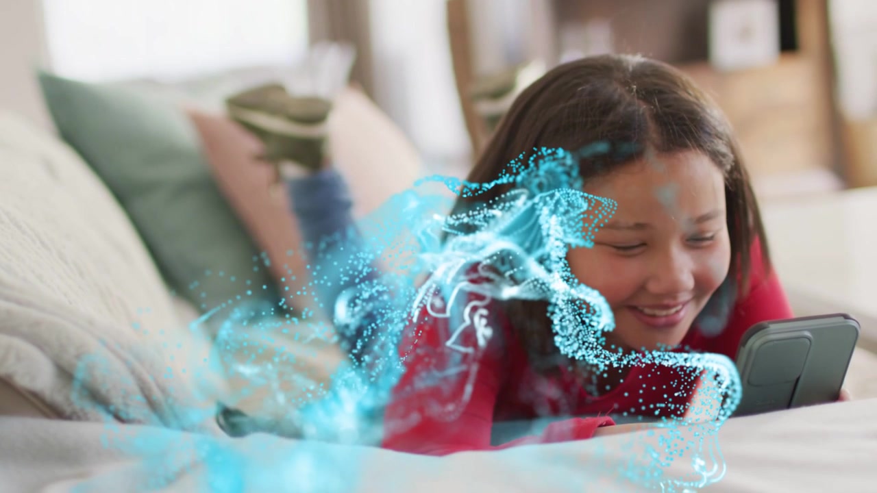 Girl lying on bed tapping device, blue particles emerging and swirling, driving engagement for tech