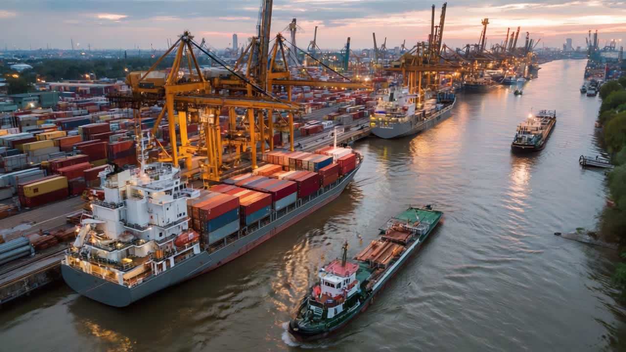 Dynamic Maritime Operations: Aerial View of Container Ships and Tugboats Maneuvering Through a Busy Port at Dusk with Cranes and Cargo for Global Trade