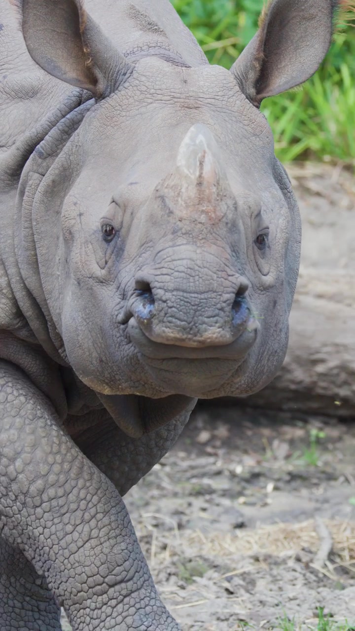 A Greater one-horned rhinoceros slowly walks through a naturalistic zoo enclosure, captured in soft daylight with steady, close-up camera movement highlighting its textured skin
