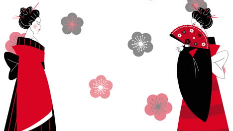 geishas in kimonos with cherry blossoms