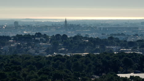 Panorama-Der-Wahrzeichen-Und-Landschaften-Von-Montpellier-Aus-Der-Vogelperspektive.