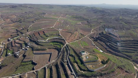 Aerial-view-of-terraced-hills-with-farmland,-homes-and-roads-in-Mas'ade,-Israel