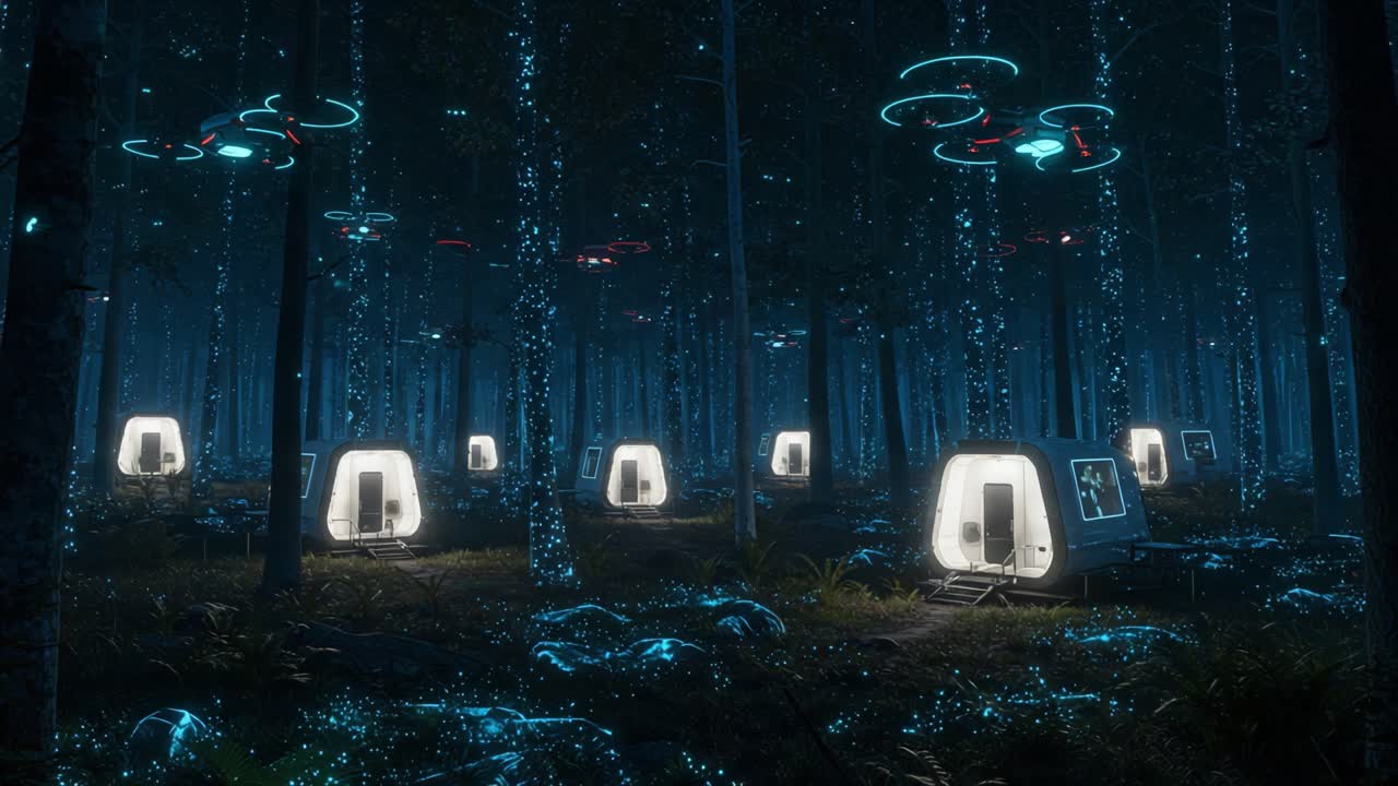 Futuristic Forest with High-Tech Pod Homes and Drones, Embraced by Bioluminescent Flora Under a Mystical Night Sky in an Elsewhere Landscape