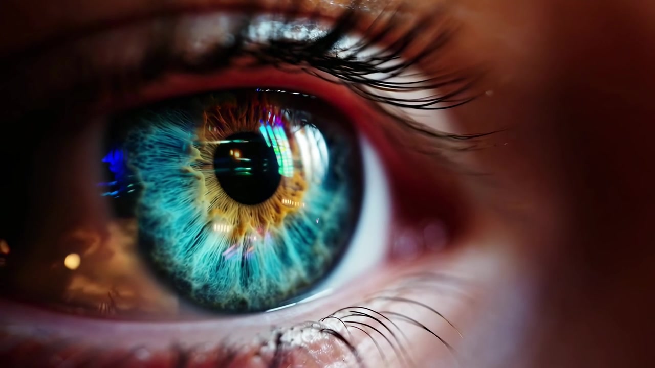 Extreme Close-up of Human Eye with Colorful Light Reflections