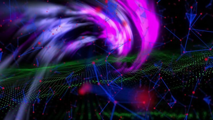 Magenta flash starting ribbon forming curling splitting settling across green grid showing flow