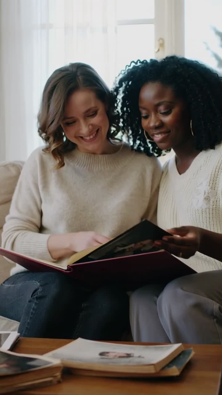 Vídeo vertical: abrindo um álbum vermelho, duas mulheres de suéter virando as páginas no sofá, compartilhando lembranças