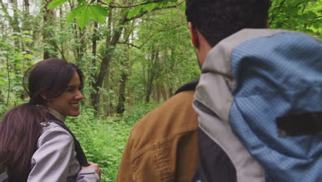 sobre la vista del hombro de una joven pareja caminando por el camino a través de los árboles en el campo - filmado en cámara lenta