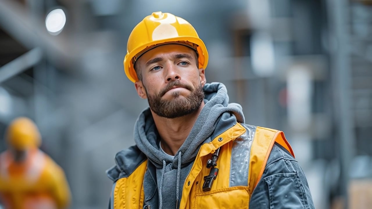 Male construction worker wearing a yellow hard hat and safety vest looking up at an industrial site