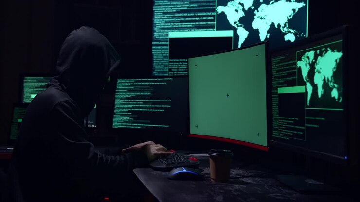 Hacker che hackera con uno schermo verde mock-up isolato e codice su più schermi di computer