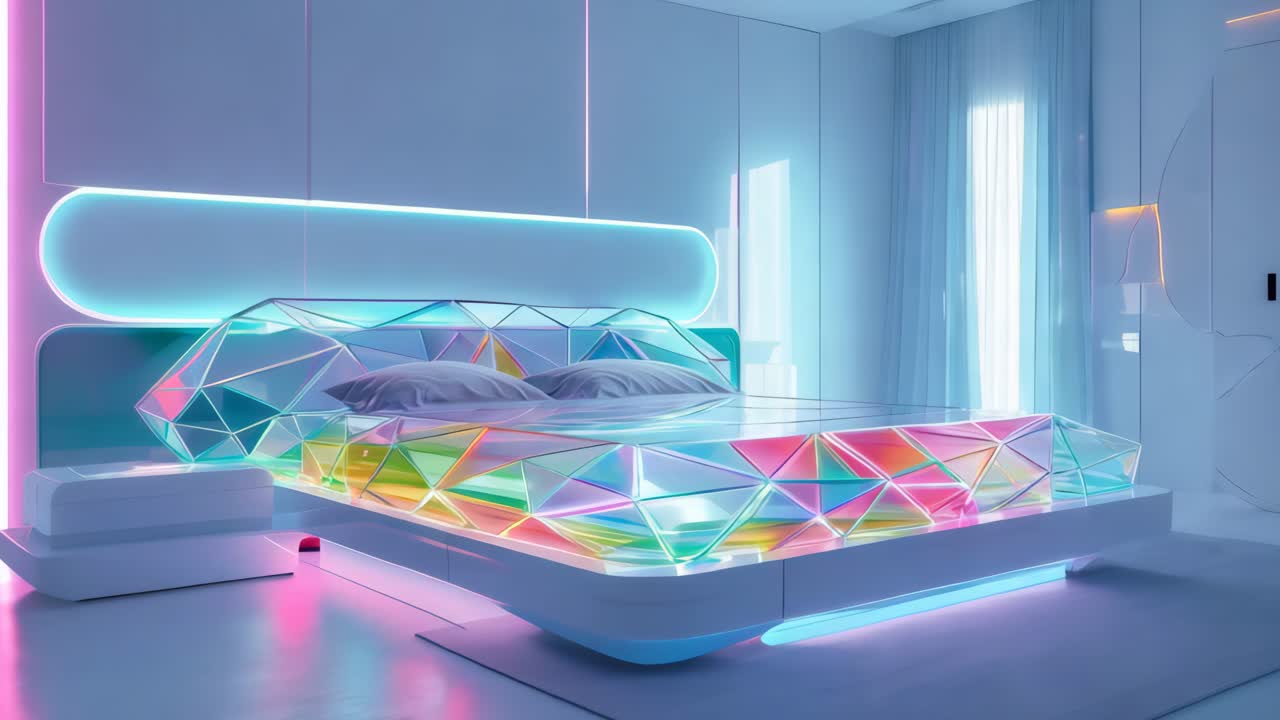 Letto futuristico di cristallo colorato in una camera da letto moderna