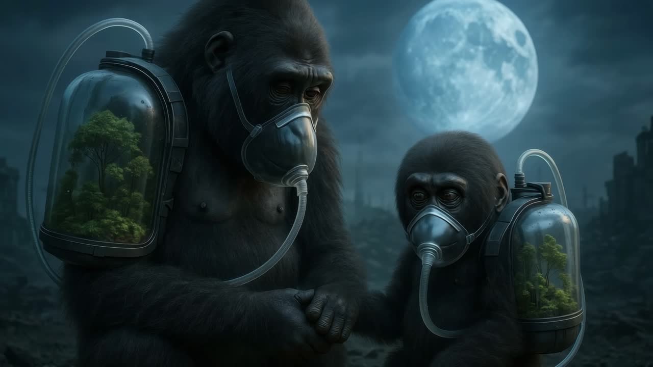 A surreal video concept showing gorillas with oxygen masks and plant tanks, under a full moon