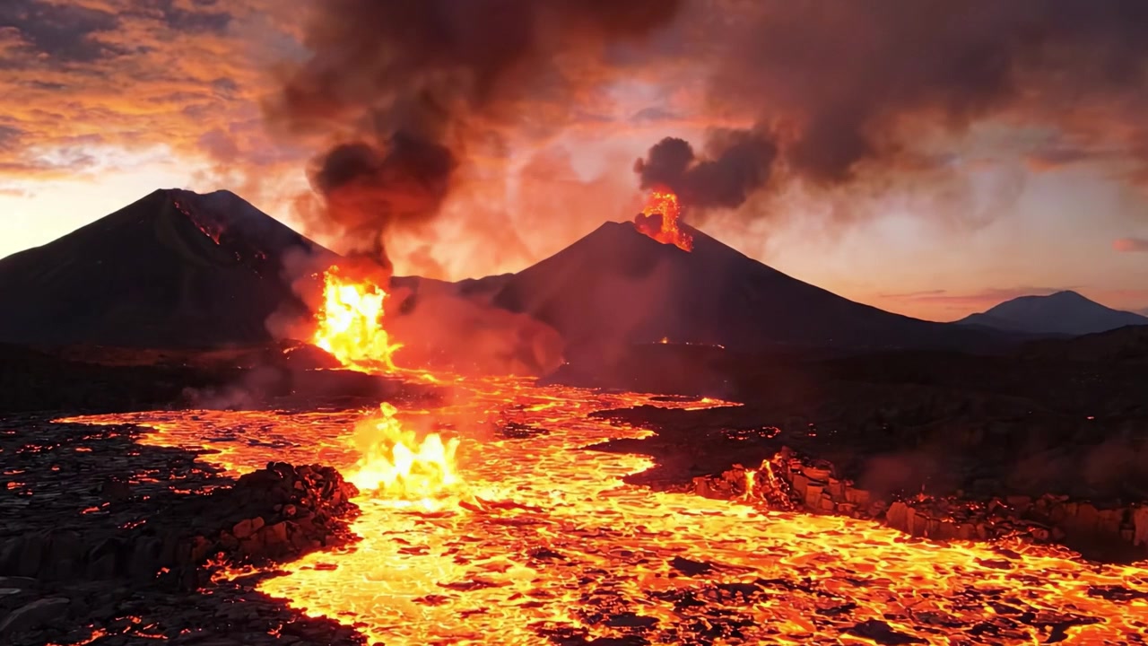 En fantastisk fremvisning af naturens raseri: Ildelavende lava strømmer fra to udbrudte vulkaner under en dramatisk solnedgangshimmel.