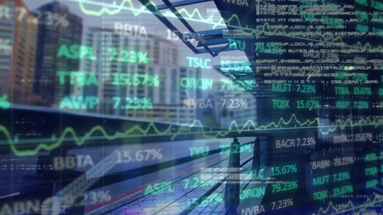animación del procesamiento de datos financieros sobre el fondo de una ciudad moderna en rápido movimiento