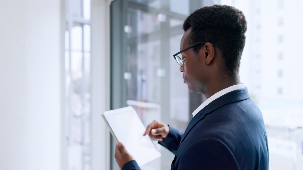 Businessman, tablet and research at office