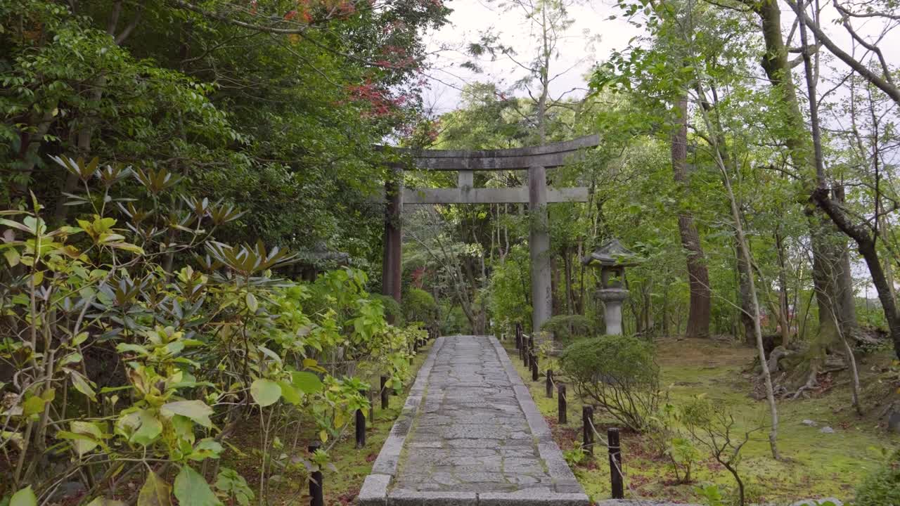Beautiful Japanese temple grounds with stone Torii gate, slow motion push in