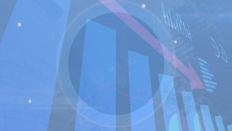 animation of multiple graphs and down arrow, loading circles against abstract background