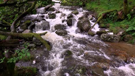 The-Poulanass-river-tumbles-over-boulders-at-the-top-of-the-water-falls-in-Wicklow-National-Park,-Ireland