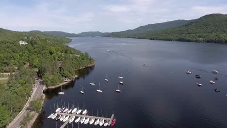 Aerial-Shot-Over-Summer-Lake-In-Tremblant