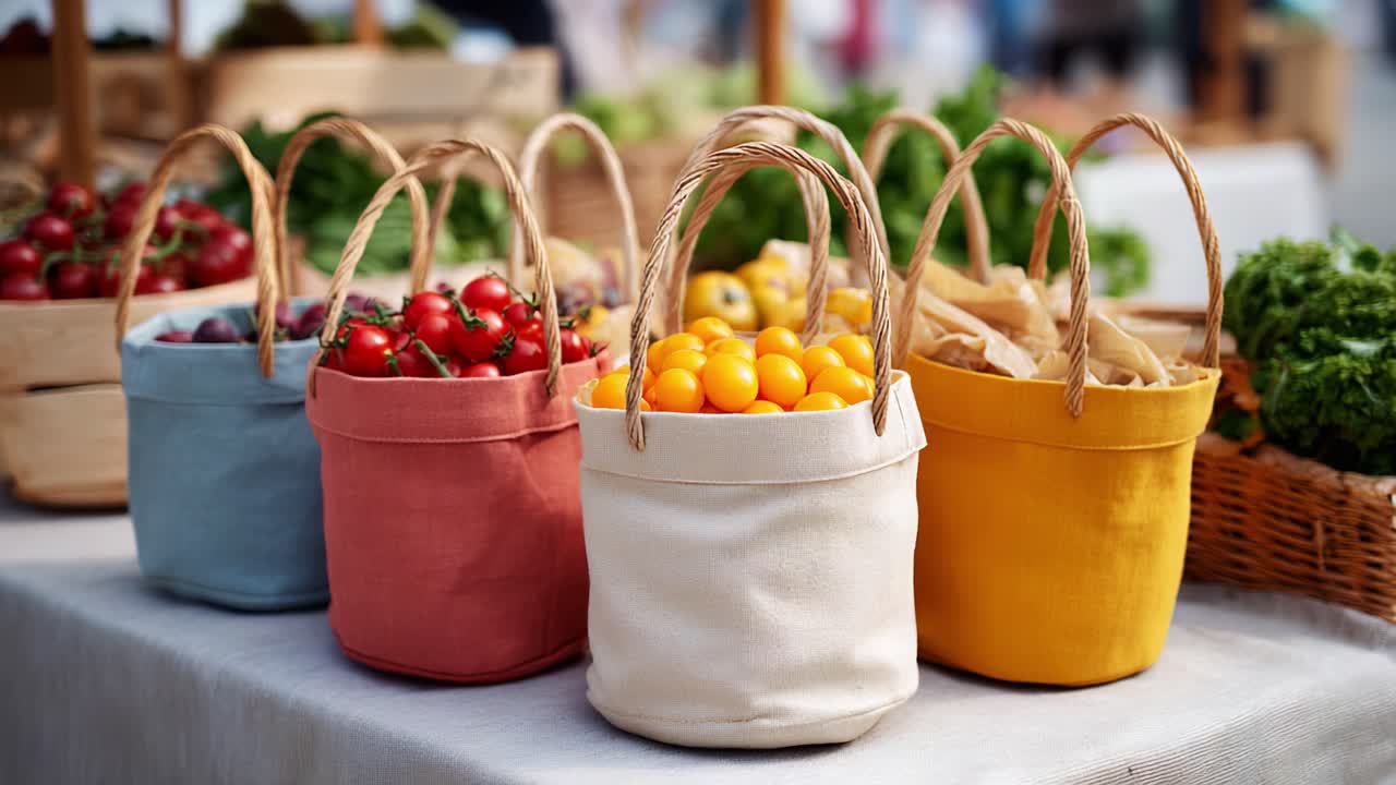 Colorful Baskets of Fresh Fruits and Vegetables Displayed at a Market Stall, Showcasing a Vibrant Array of Seasonal Produce in a Rustic Environment