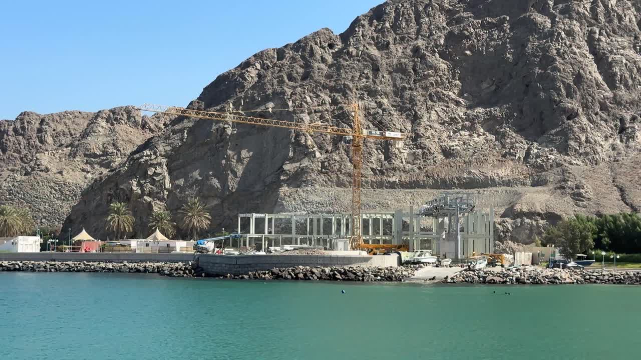 Muscat Corniche Harbour 4K Construction Crane Building Development Mutrah Waterfront Port Gulf Middle East Footage