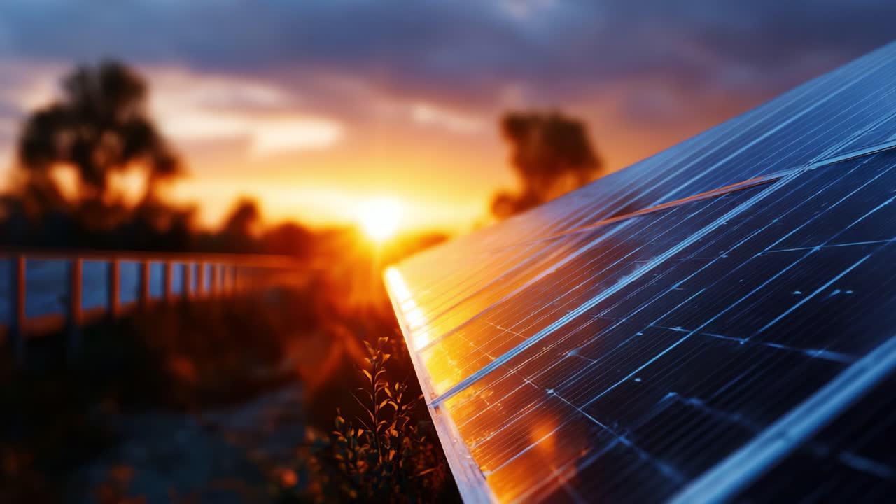 Un tramonto mozzafiato che illumina i pannelli solari, mettendo in mostra l'energia sostenibile immersa in un paesaggio naturale con vegetazione rigogliosa e cieli sereni