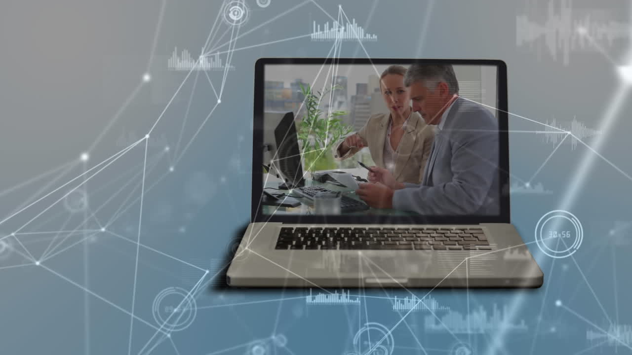 Animation of network of connections over diverse business people on laptop screen