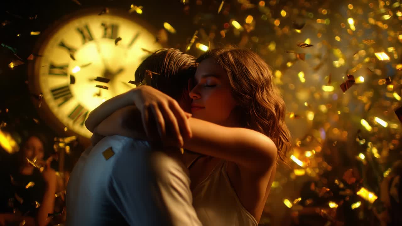 A heartfelt embrace shared between two individuals as golden confetti cascades around them, encapsulated by a moment of intimacy and celebration under the watchful gaze of an ornate clock in the background