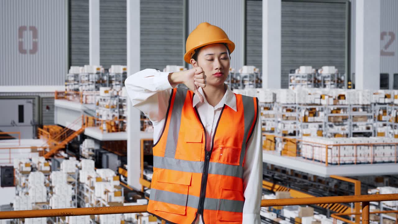 창고에서 불쾌한 여성 공장 노동자