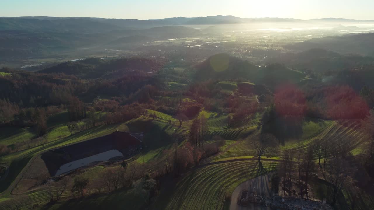 aerial pan of burnt down house in morning in the Napa valley after spring mountain fire