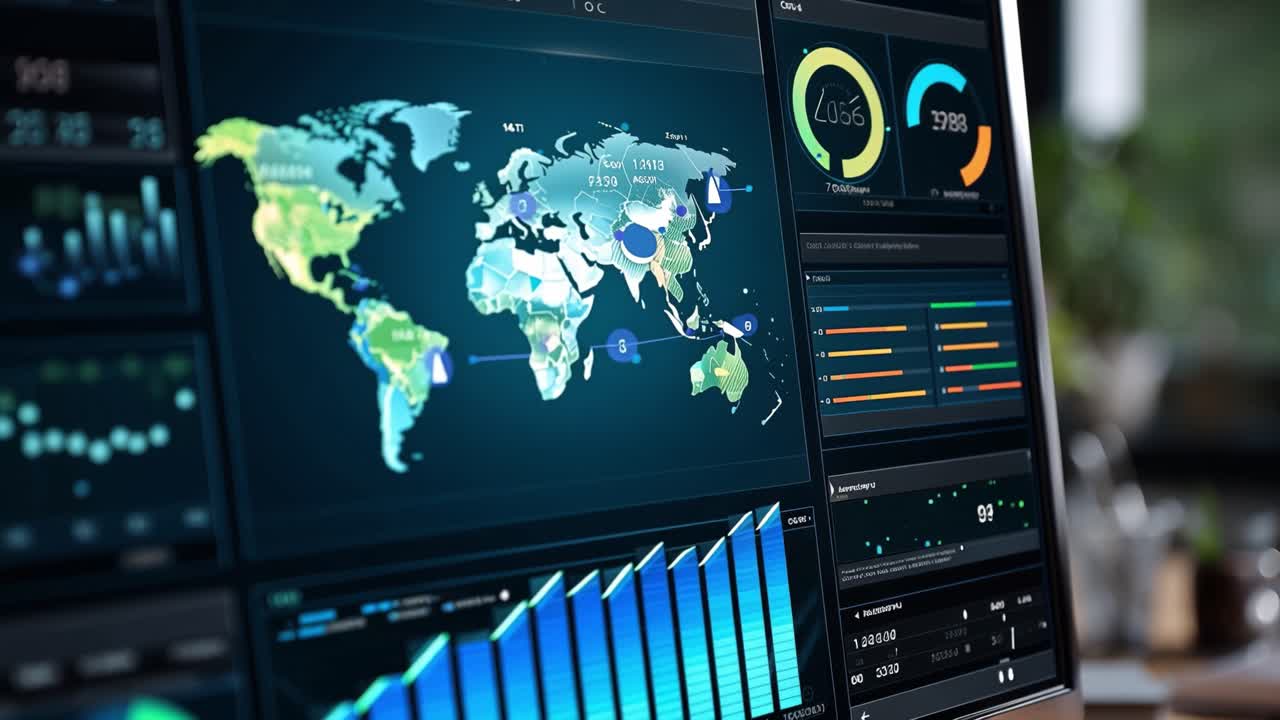 Analysis and Visualization of Global Data Trends on Modern Monitor Dashboard with Interactive Graphics and Charts for Data-Driven Decision Making