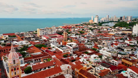 drone shot over the old historical town of cartagena de indias in colombia