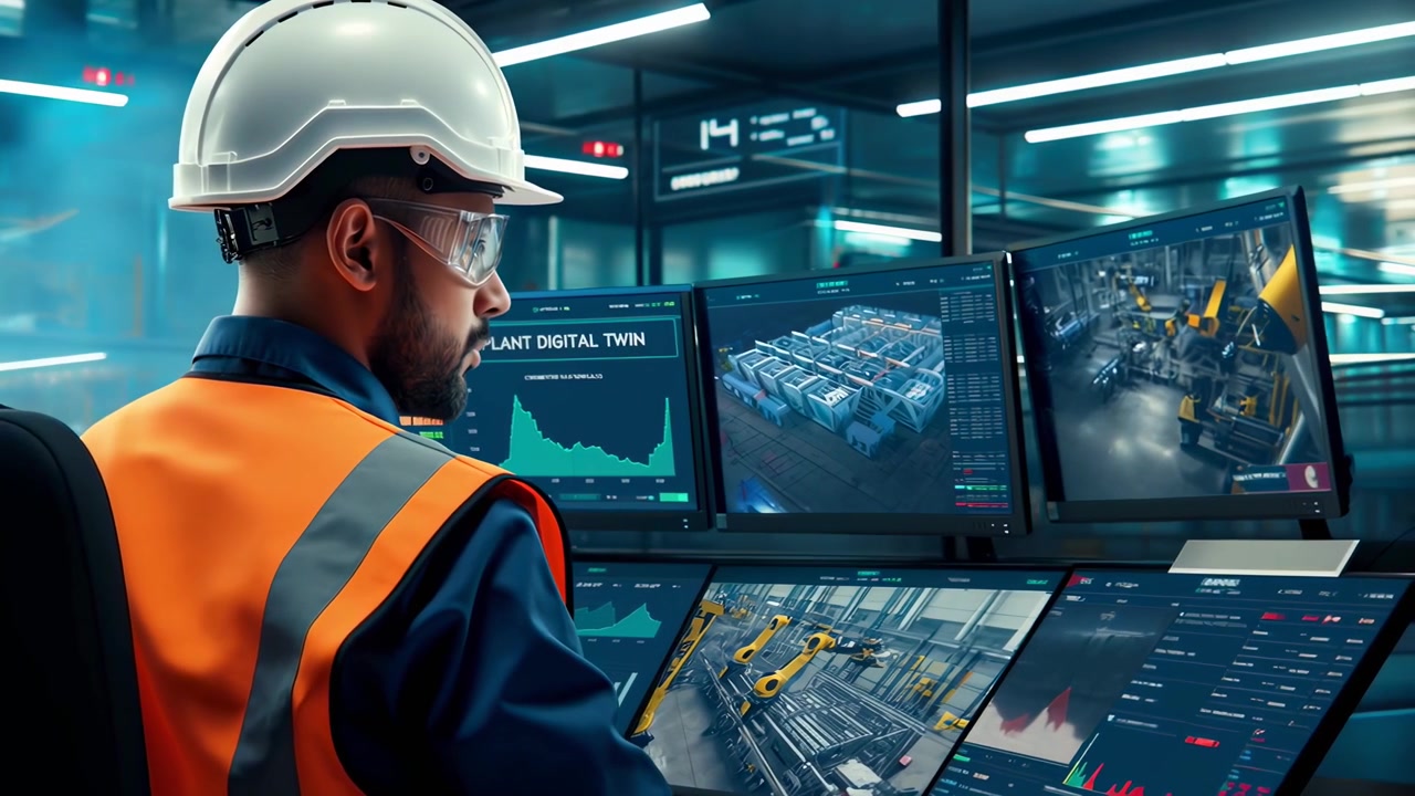 Engineer Monitoring Automated Factory Operations on Digital Twin Dashboard