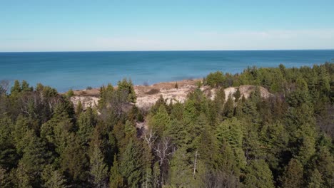 flying above trees in autumn foliage towards dunes area on the shores of lake huron near pinery provincial park in ontario, canada