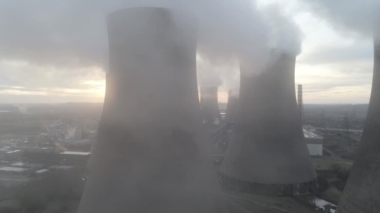 Aerial close dolly left reveal UK power station cooling towers under smoke steam emissions with sunrise lens flare.