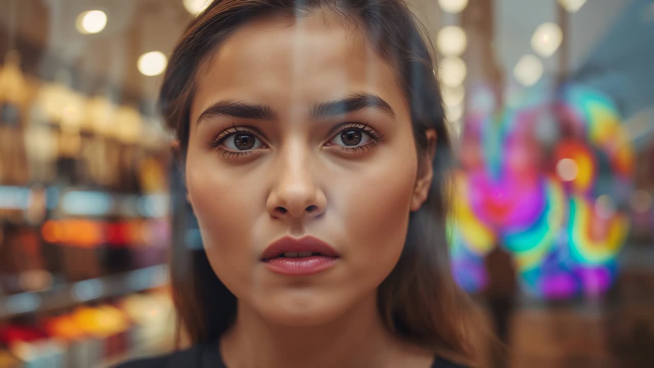 Reacting to camera focus pull woman adjusting gaze and eyelids in retail store, glass reflections