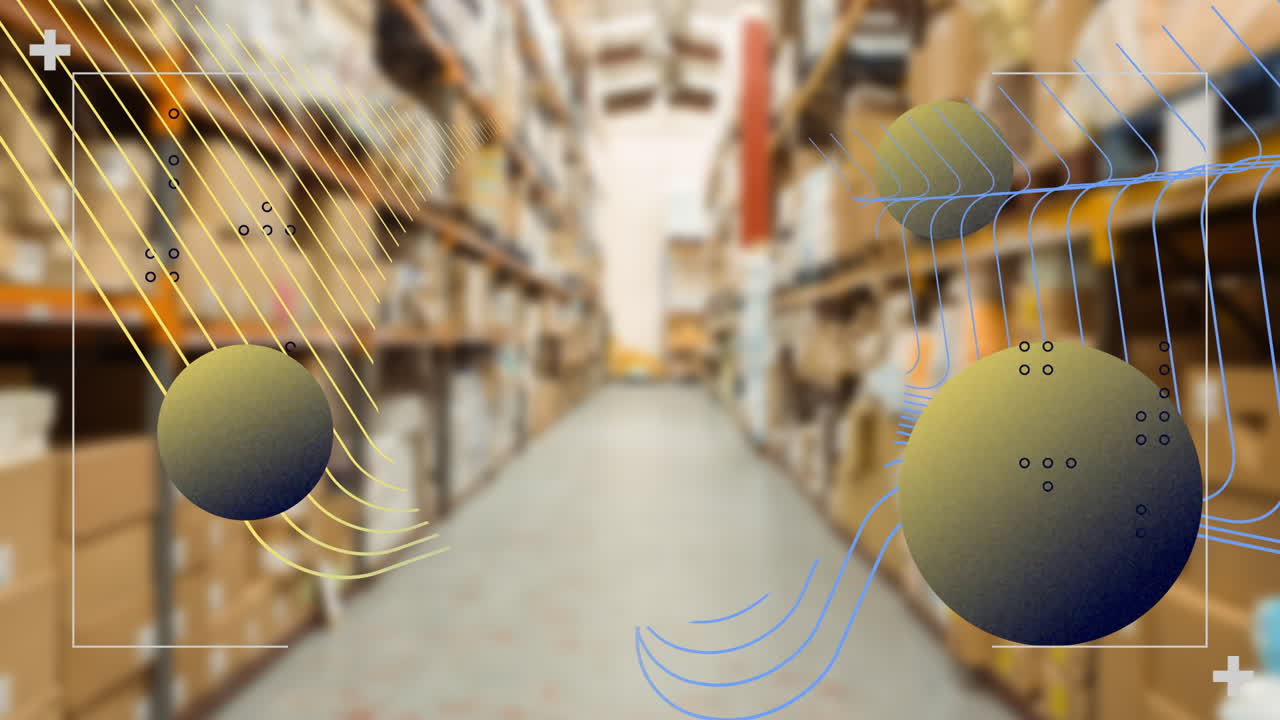 Floating spheres with digital patterns in warehouse, creating animation effect