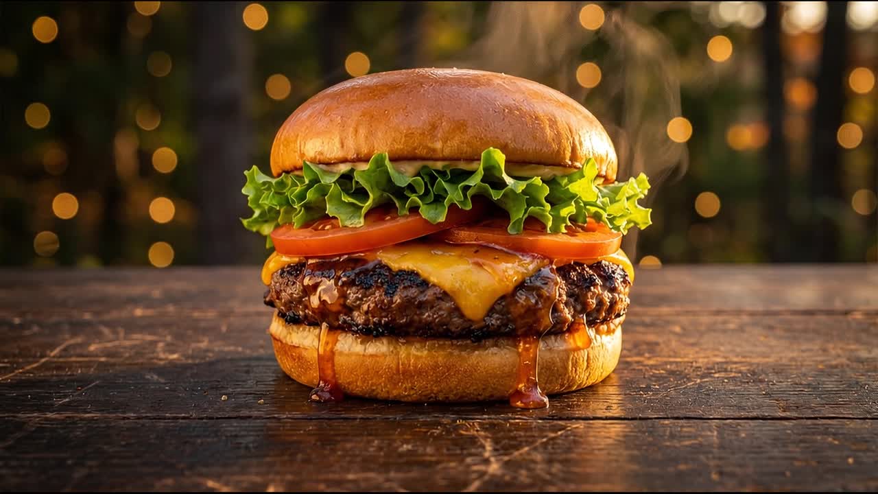 Saftig cheeseburger med smeltet ost, salat, tomat og dressing på et træbord med damp, der stiger op i udendørs omgivelser.