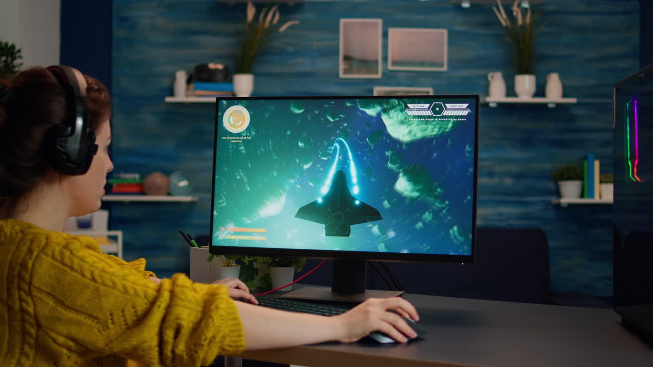 Professional gamer playing first-person shooter online video game