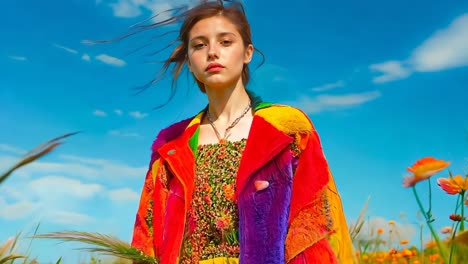 a woman standing in a field of flowers wearing a colorful jacket