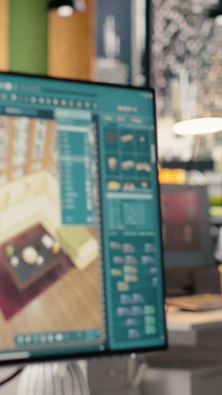 Vertical Video Empty Office With Architectural Software Shown On Pc Monitor In Smart Workspace