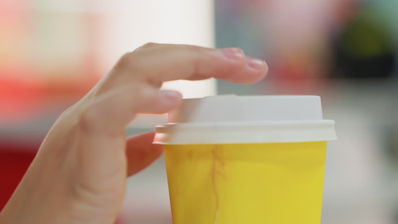 Momento do café da manhã. Segurando a tampa do copo de papel rapidamente. Manhã em campus movimentado com café e calor. Pessoas levantando casualmente as tampas descartáveis de café no animado ambiente do café do campus