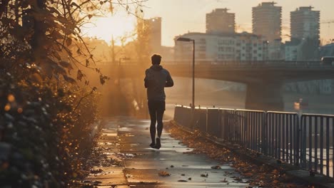 man running in the city at sunrise