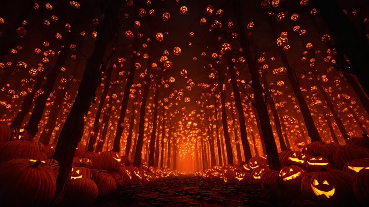 A Spooky Forest of Illuminated Jack-o'-Lanterns Creating an Enchanting Atmosphere for Halloween Celebrations Surrounded by Glowing Pumpkins and Dense Trees