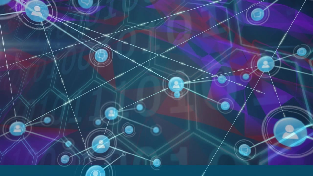 Animation of network of profile icons over hexagonal shape pattern design and plexus networks