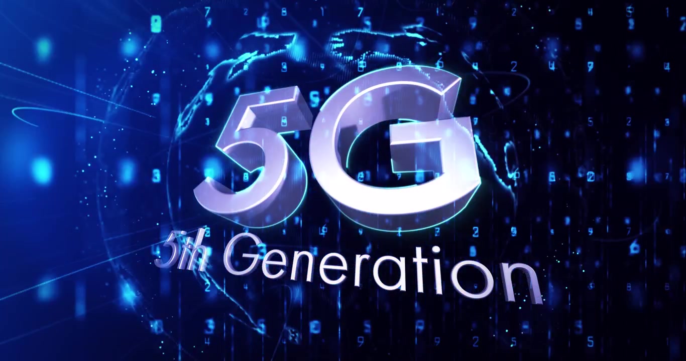 Animazione di 5G (quinta generazione) su un globo e uno sfondo blu scuro con numeri.