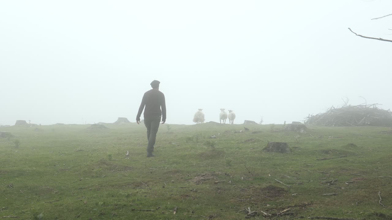 산 위의 안개 속에서 양을 따라다니며 쫓는 양치기